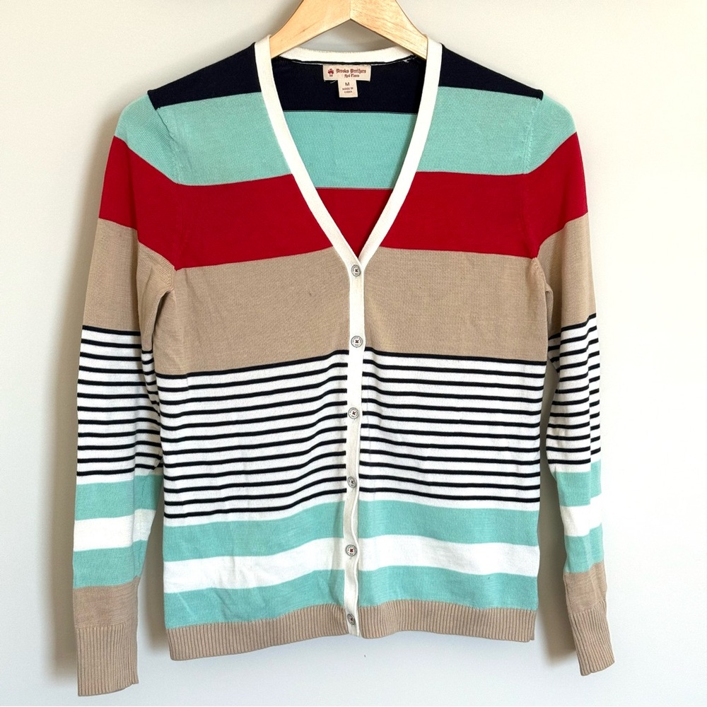 Brooks Brothers Red Fleece Striped 100% Cotton Cardigan Size Medium